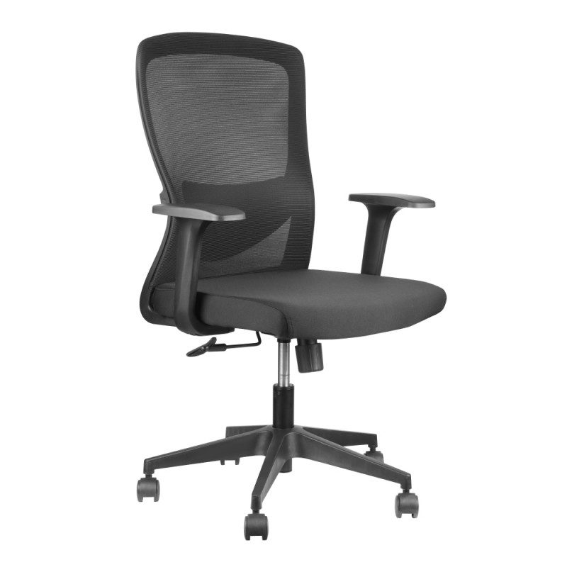 Silla de oficina acolchada con respaldo y malla.